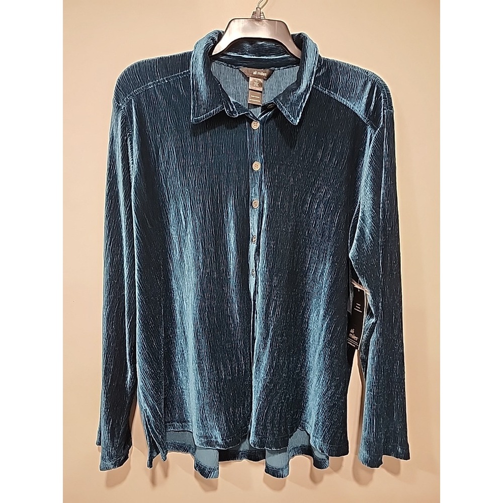 Ali Miles NWT Button-up Blouse Womens 1X Long Sleeve Turquoise Green Velvety New